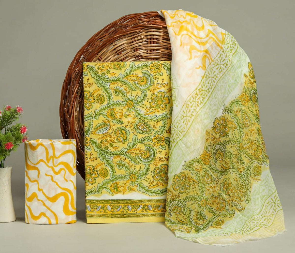 Ivory Hand-Block Printed Cotton Straight Suit Set with Cotton Dupatta