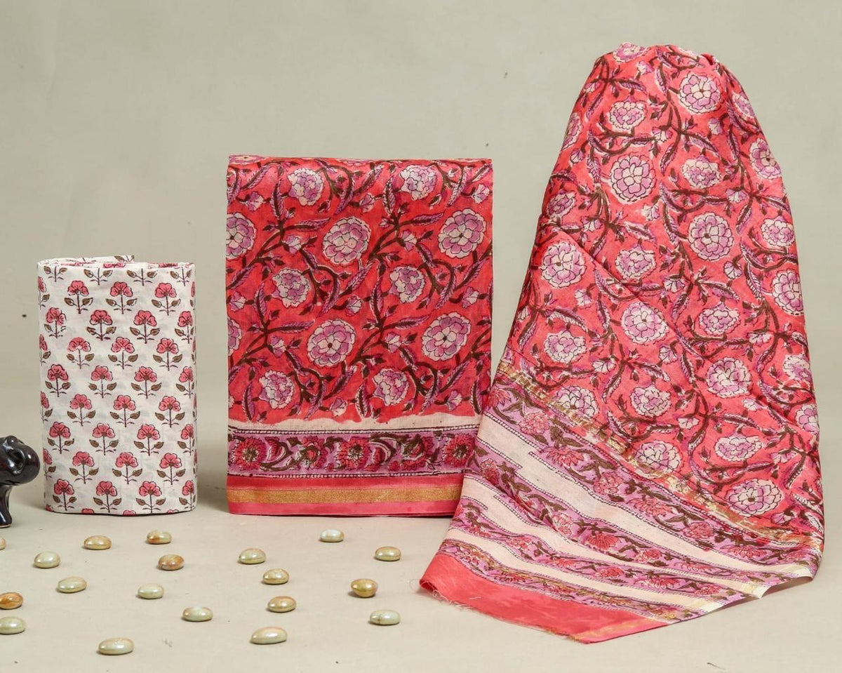 EXCLUSIVE HAND BLOCK PRINT CHANDERI SILK SUIT SET main image 1