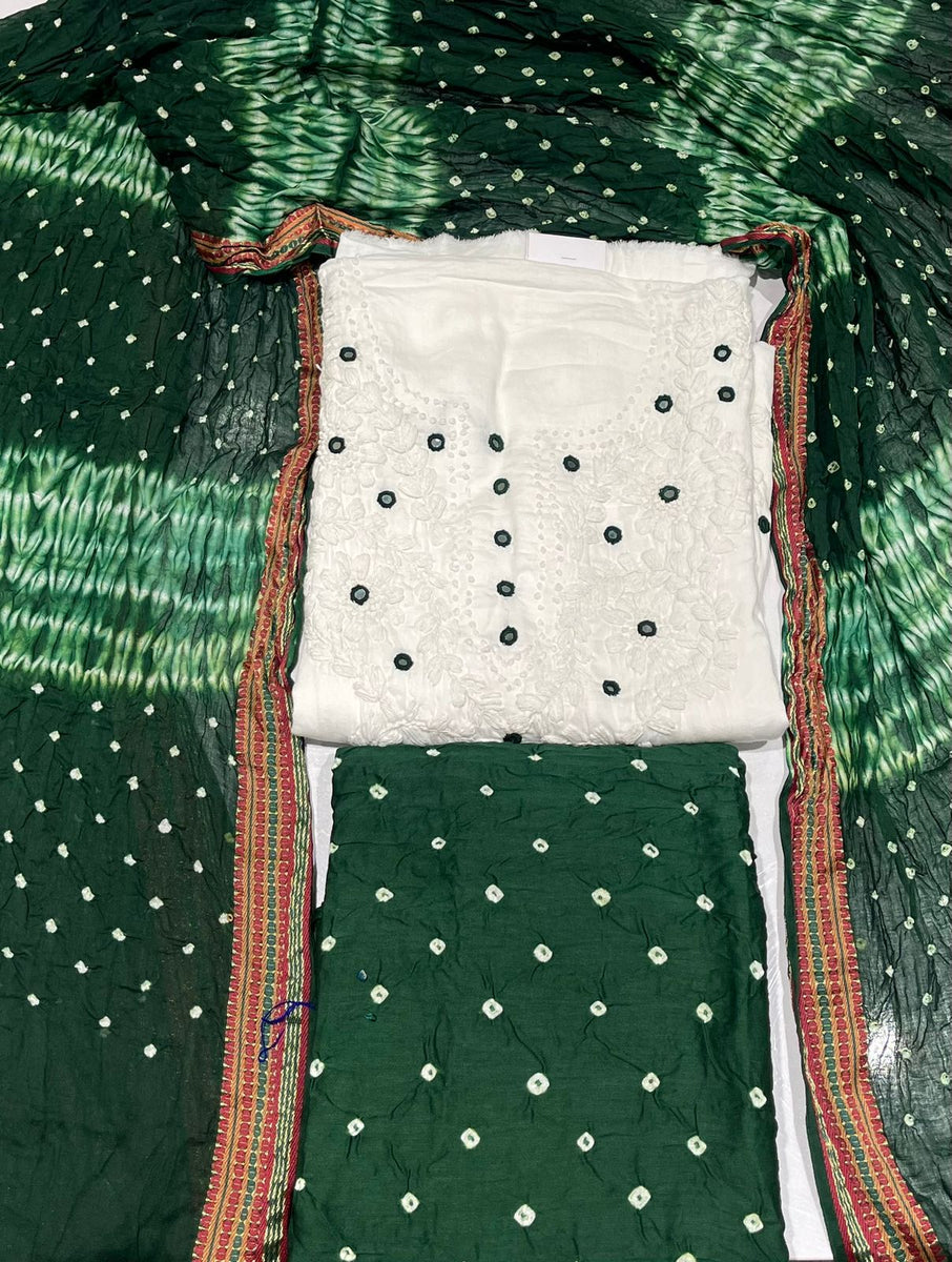 PREMIUM HAND BANDHANI WHITE KATHA WORK SUIT SET – Jaipur Saga