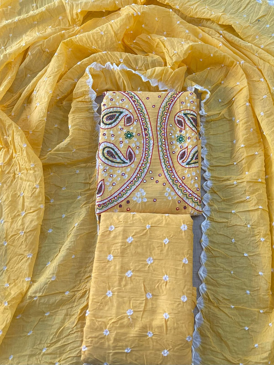 Bandhani Mirror Work Suit with Ajrak Block Print Dupatta & Resham Embroidered Flowers