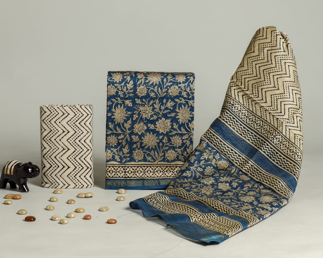 Chanderi Silk Stitched Suit with Digital Handloom & Indie Print with Maheshwari Dupatta main image 1