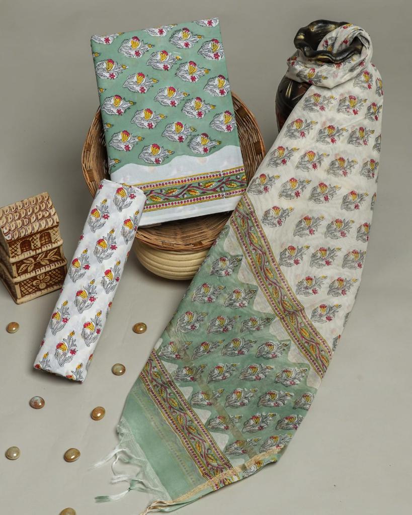 Designer Hand Block Print Cotton Suit Set with Chanderi Silk