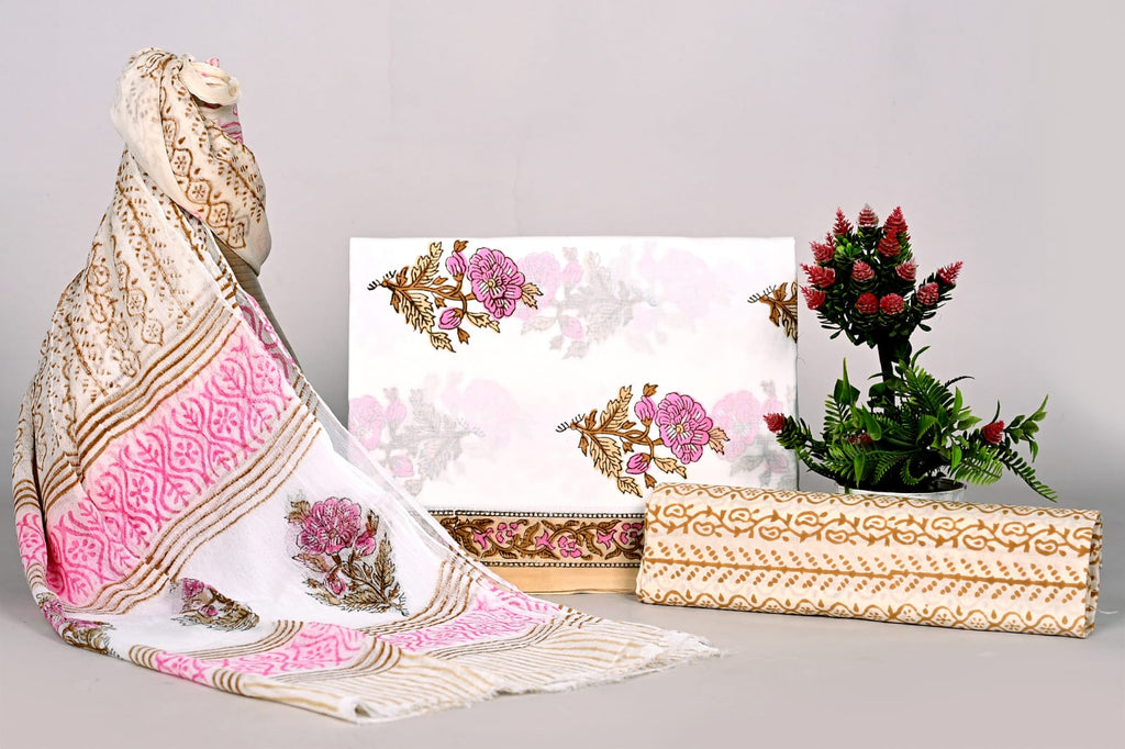 white christmas dresses Jaipuri Unstitched Dress Material Hand Block Printed Cotton Suit With –  Jaipur Bazar
