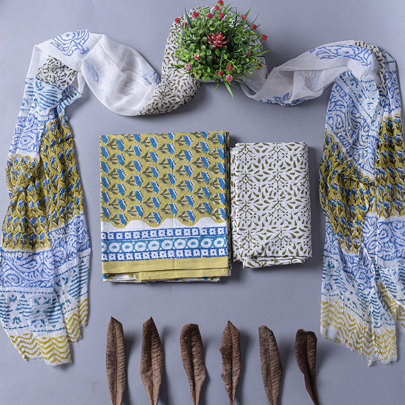 Traditional Hand Block Print Dress Material with Chiffon Dupatta