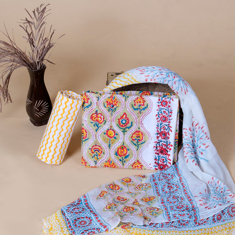Traditional Hand Block Print Dress Material with Chiffon Dupatta